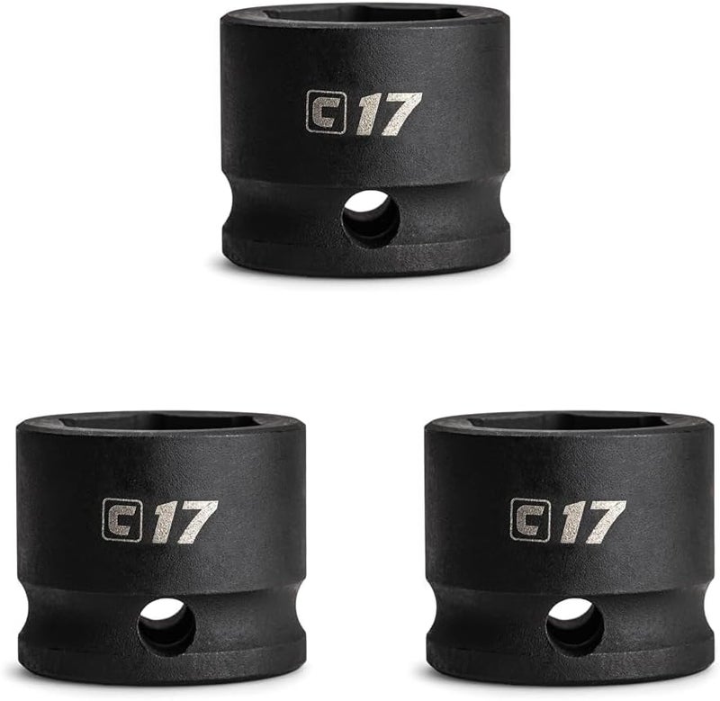 17 mm Stubby Impact Socket, 3/8 in. Drive, 6 Point, Metric (Pack of 3)
